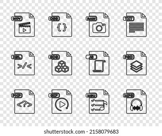 Set line PHP file document, MP3, RAW, GIF, MOV, 3DS, M3U and PSD icon. Vector