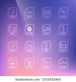 Set line PHP file document, MP4, EPS, DOC, HTML, GIF, MP3 and PDF icon. Vector