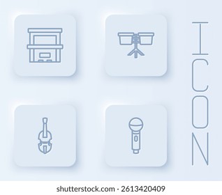 Set line Piano, Bongo drum, Violin and Microphone. White square button. Vector