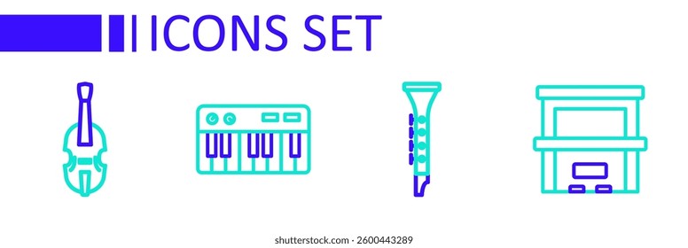 Set line Piano, Clarinet, Music synthesizer and Violin icon. Vector