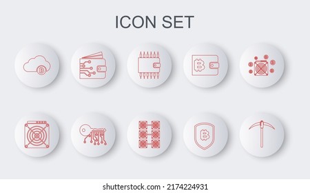 Establecer línea Pickaxe, ASIC Miner, cartera Cryptocurrency, Escudo con bitcoin, minería de datos en la nube, clave e icono de granja de minería. Vector