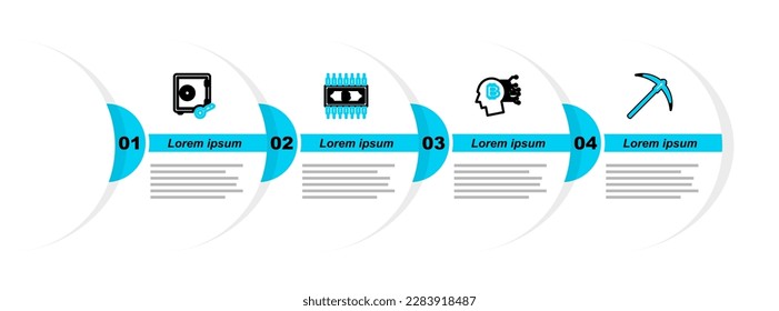 Set line Pickaxe, Bitcoin plant in the pot, Cryptocurrency bitcoin with circuit and Proof of stake icon. Vector