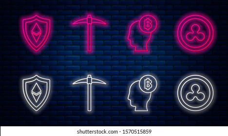 Set line Pickaxe, Bitcoin think, Shield Ethereum ETH and Cryptocurrency coin Ripple XRP. Glowing neon icon on brick wall. Vector
