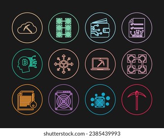 Set line Pickaxe, Blockchain technology, Cryptocurrency wallet, Distribution, Bitcoin think, cloud mining, Mining with laptop and pickaxe and farm icon. Vector