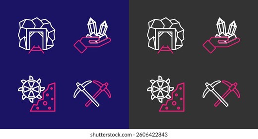 Set line Pickaxe, Bucket wheel excavator, Gem stone and Mine entrance icon. Vector