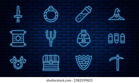 Set line Pickaxe, Bullet, Bottle with potion, Neptune Trident, Decree, parchment, scroll, Dagger, Video game bar and Magic stone ring icon. Vector