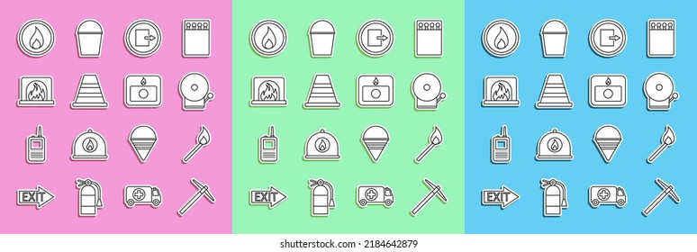 Fijar la línea Pickaxe, Burning match with fire, Ringing alarmas bell, Fire exit, Traffic Cone, Interior, flame e icono del sistema. Vector