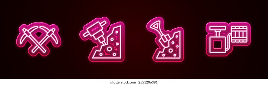 Set line Pickaxe, Construction jackhammer, Shovel and stone and Handle detonator. Glowing neon icon. Vector