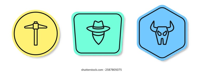 Set line Pickaxe, Cowboy and Buffalo skull. Colored shapes. Vector