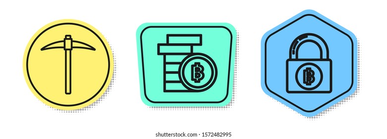 Set line Pickaxe, Cryptocurrency coin Bitcoin and Lock with bitcoin. Colored shapes. Vector