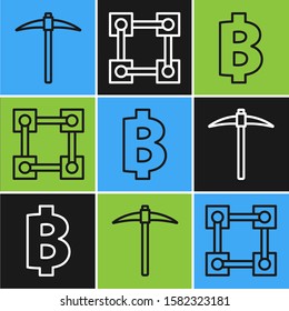Set line Pickaxe, Cryptocurrency coin Bitcoin and Blockchain technology icon. Vector