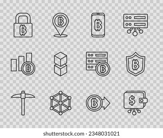Fijar línea Pickaxe, cartera Cryptocurrency, bitcoin de minería de datos del móvil, tecnología Blockchain, Lock with, Bitcoin y icono Shield. Vector