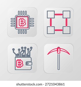 Establecer línea Pickaxe, monedero de criptomonedas, tecnología Blockchain e icono de granja de minería de CPU. Vector