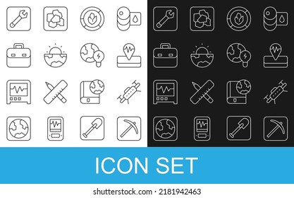 Set Line Pickaxe, Drone, Earthquake, Soil Analysis, Core Structure Crust, Briefcase, Wrench Spanner And Global Planet With Bulb Icon. Vector