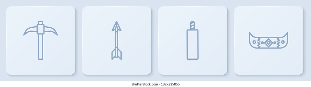 Set line Pickaxe, Dynamite bomb, Crossed arrows and Kayak or canoe and paddle. White square button. Vector