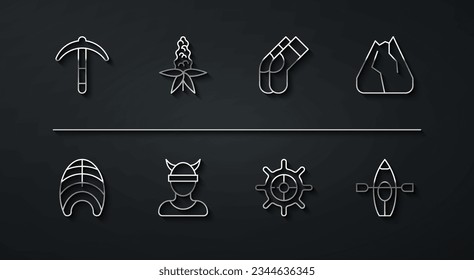 Set line Pickaxe, Fish steak, Mountains, Ship steering wheel, Viking head, Lupine flower, Kayak and paddle and Socks icon. Vector