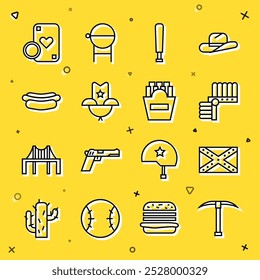 Set line Pickaxe, Flag Confederate, Indian headdress with feathers, Baseball bat, Western cowboy hat, Hotdog sandwich, Casino chip playing cards and Potatoes french fries box icon. Vector
