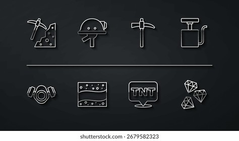 Set line Pickaxe, Gas mask, Handle detonator, Dynamite, Gold mine, Miner helmet, Gem stone and  icon. Vector