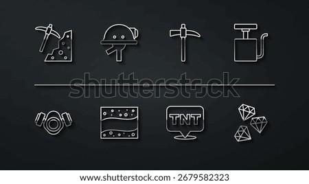Set line Pickaxe, Gas mask, Handle detonator, Dynamite, Gold mine, Miner helmet, Gem stone and  icon. Vector