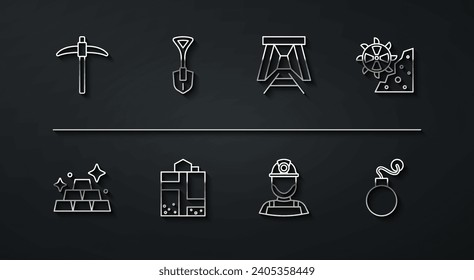 Fijar línea Pickaxe, Barras de oro, excavadora de ruedas de cubo, Miner en casco, entrada, pala, bomba e icono. Vector