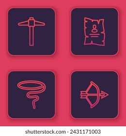 Set line Pickaxe, Lasso, Wanted western poster and Bow and arrow in quiver. Blue square button. Vector