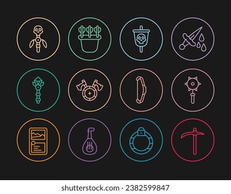 Set line Pickaxe, Medieval chained mace ball, Pirate flag, shield with, Magic wand, staff, bow and Quiver arrows icon. Vector