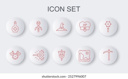 Set line Pickaxe, Medieval shield with, Witch hat, Pirate treasure map, Bottle potion, Magic staff, arrow and flag icon. Vector