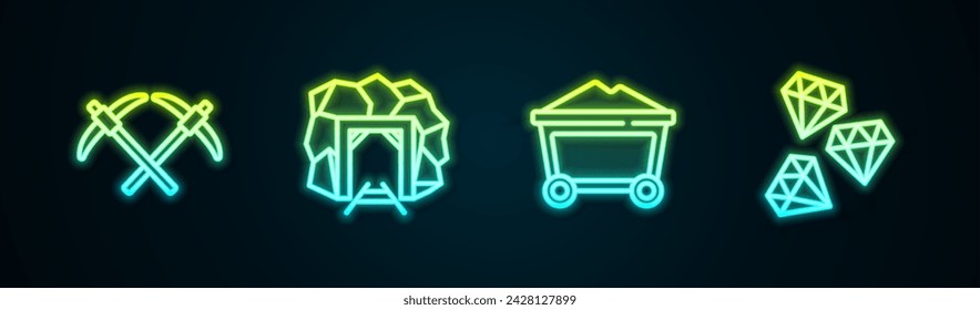 Set line Pickaxe, Mine entrance, coal trolley and Gem stone. Glowing neon icon. Vector