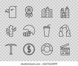 Set line Pickaxe, Movie clapper, City landscape, Coin money with dollar, Eagle head, American football helmet, Donut and Grand canyon icon. Vector