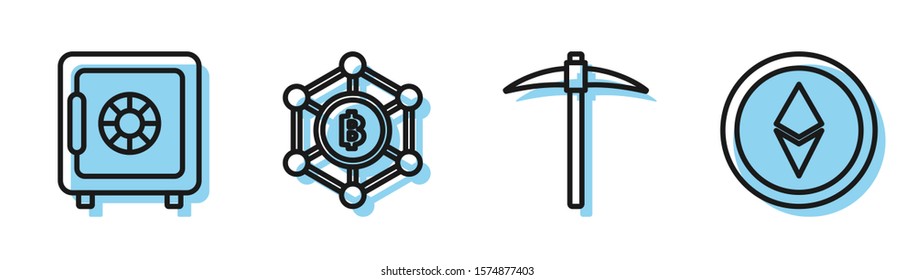 Set line Pickaxe, Safe, Blockchain technology Bitcoin and Cryptocurrency coin Ethereum ETH icon. Vector