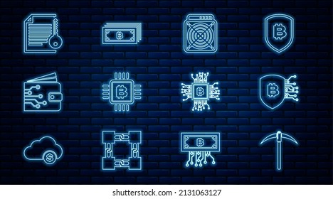 Set line Pickaxe, Shield with bitcoin, ASIC Miner, CPU mining farm, Cryptocurrency wallet, Smart contract, and icon. Vector