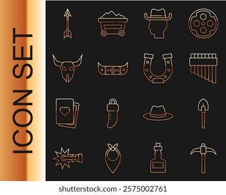 Set line Pickaxe, Shovel, Pan flute, Cowboy, Kayak or canoe and paddle, Buffalo skull, Crossed arrows and Horseshoe icon. Vector