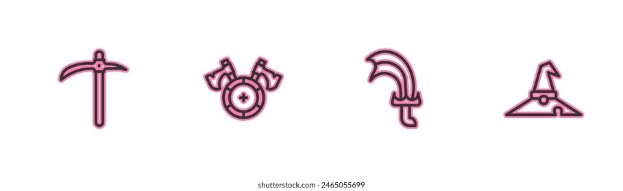 Set line Pickaxe, Sword for game, Medieval shield with and Witch hat icon. Vector