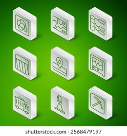 Set line Pickaxe, Tacheometer, theodolite, Gold nugget, Oilfield, Ground, Topographic map, Mining dump truck and Seismograph icon. Vector