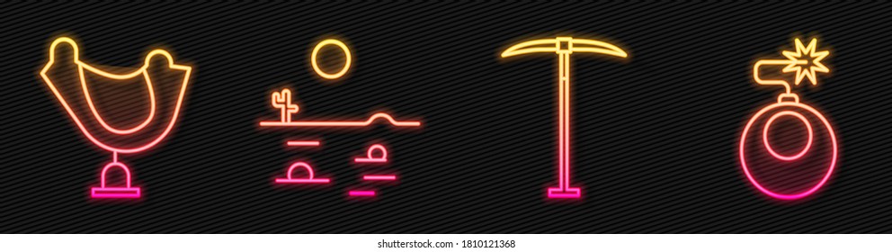Set line Pickaxe, Wild west saddle, Desert landscape with cactus and Bomb ready to explode. Glowing neon icon. Vector