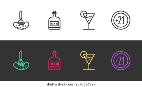 Set line Pickled cucumber on a fork, Alcohol drink Rum bottle, Martini glass and 21 plus on black and white. Vector