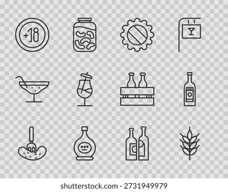 Pepino en escabeche en un tenedor, lúpulo, tapa de botella, de coñac brandy, alcohol 18 plus, cóctel, botellas de vino y botella de vidrio icono de vodka. Vector