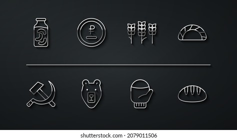 Set line Pickled cucumbers in a jar, Hammer and sickle USSR, Dumpling, Christmas mitten, Bear head, Rouble, ruble currency, Bread loaf and Wheat icon. Vector