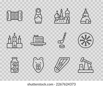 Set line Pickled cucumbers in a jar, Oil pump or pump jack, Saint Basil's Cathedral, Bear head, Accordion, Medovik, Kankles and Snowflake icon. Vector