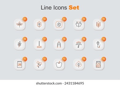Set line Pickled cucumbers in a jar, Leaf, Apple, Mushroom, Jam, Kite, Umbrella and rain drops and  icon. Vector