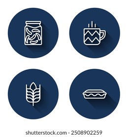 Set line Pickled cucumbers in a jar, Cup of tea, Wheat and Homemade pie with long shadow. Blue circle button. Vector