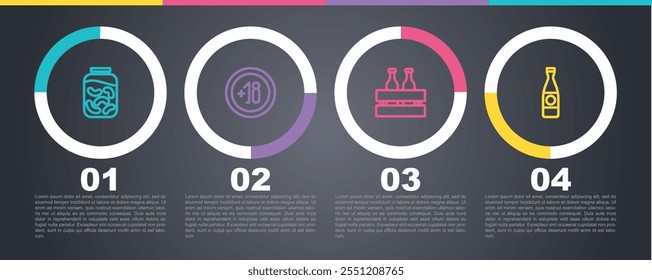 Set line Pickled cucumbers in a jar, Alcohol 18 plus, Pack of beer bottles and Beer. Business infographic template. Vector