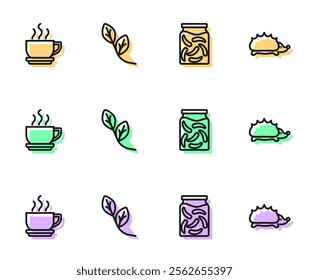 Set line Pickled cucumbers in a jar, Coffee cup, Leaf and Hedgehog icon. Vector