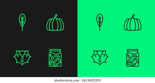 Set line Pickled cucumbers in a jar, Chestnut, Leaf and Pumpkin icon. Vector