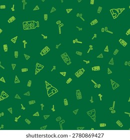 Set line Pickled cucumbers in a jar, The Tsar bell and Ice hockey stick and puck on seamless pattern. Vector