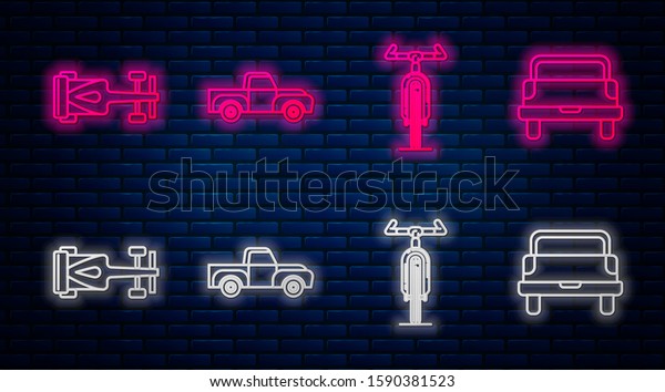 Set line Pickup\
truck, Bicycle, Formula race car and Pickup truck. Glowing neon\
icon on brick wall. Vector