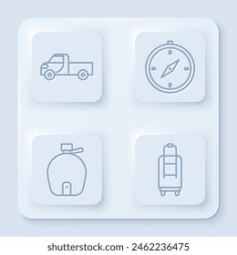 Set line Pickup truck, Compass, Canteen water bottle and Suitcase. White square button. Vector