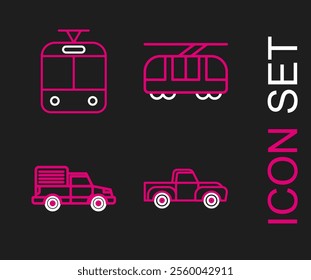 Set line Pickup truck, Delivery cargo vehicle, Tram and railway and  icon. Vector