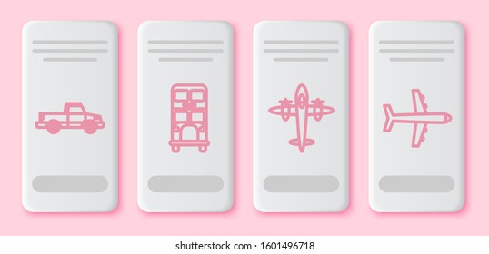 Set line Pickup truck, Double decker bus, Old retro vintage plane and Plane. White rectangle button. Vector