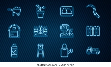 Set line Pickup truck, Garden fence wooden, Chicken egg, Wheat, Farm house, Wheelbarrow with dirt, Soil ph testing and Plant pot icon. Vector